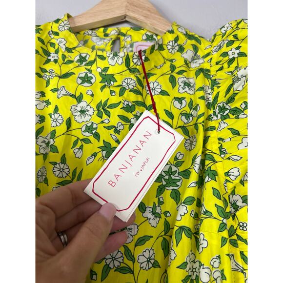 NEW vBanjanan Audrey Floral Cotton Poplin Flutter Sleeve Tie Mini Dress Yellow - Picture 4 of 7
